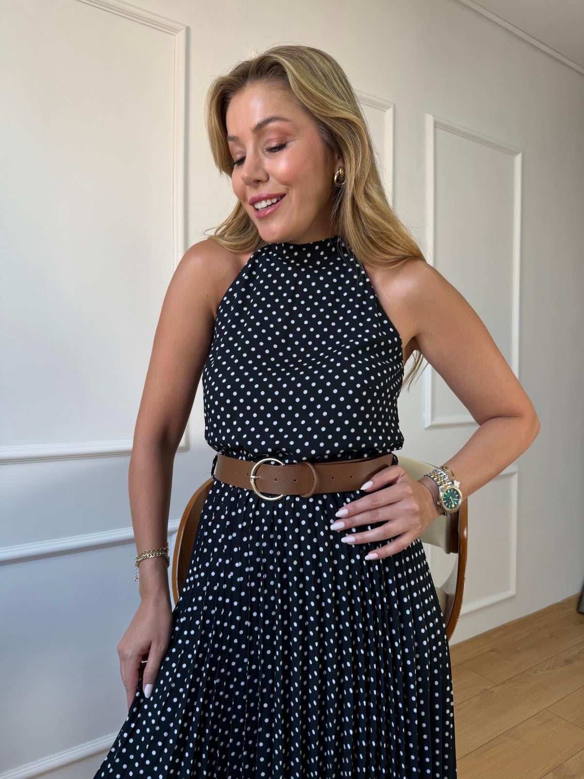 Puantiyeli Boyun Bağlamalı Elbise