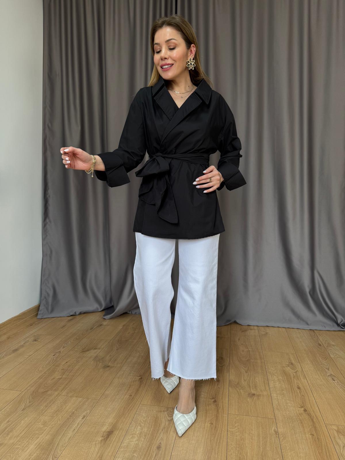 Siyah Uzun Kimono Model Gömlek 