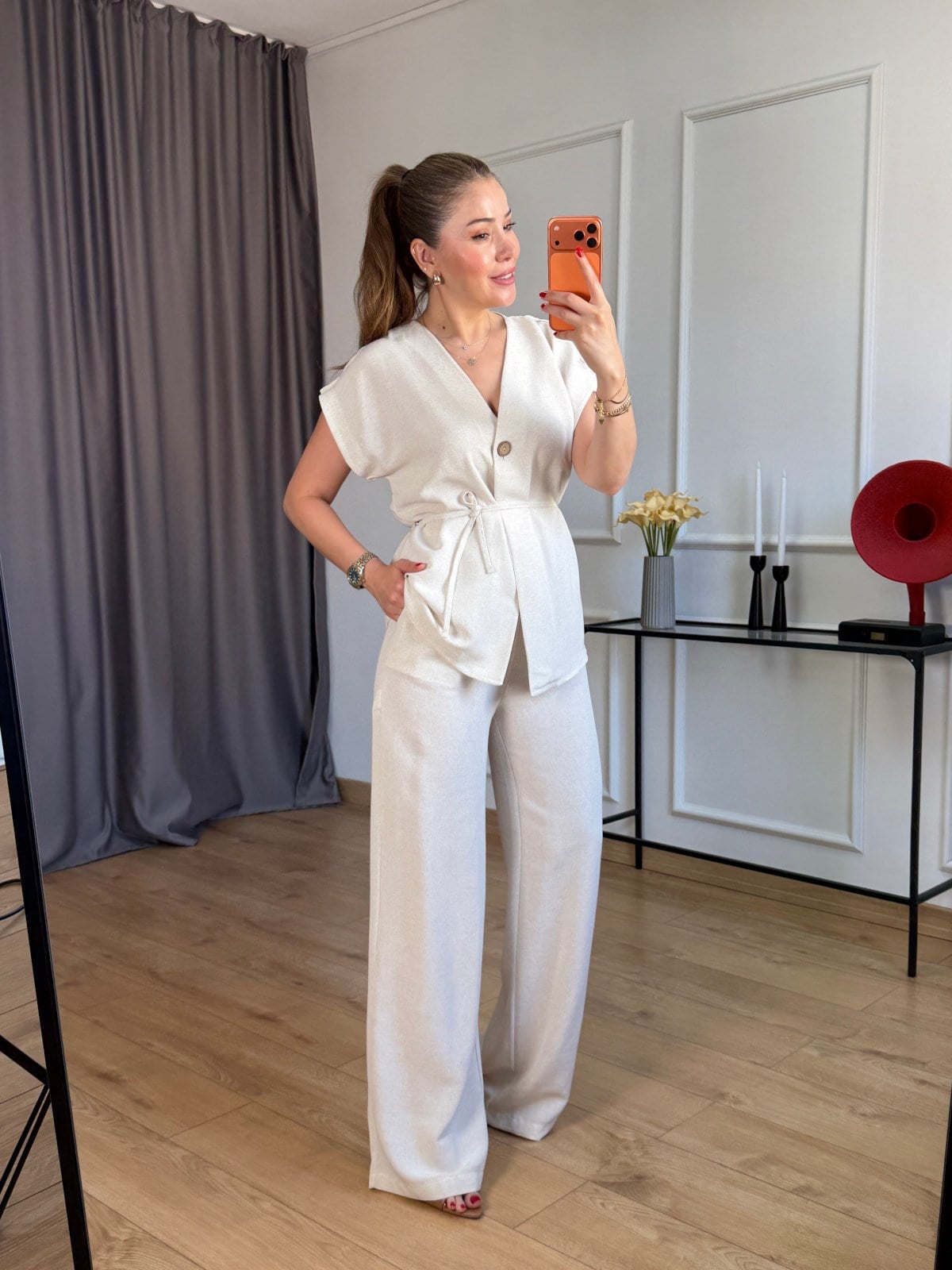 Taş Keten Kimono Takım
