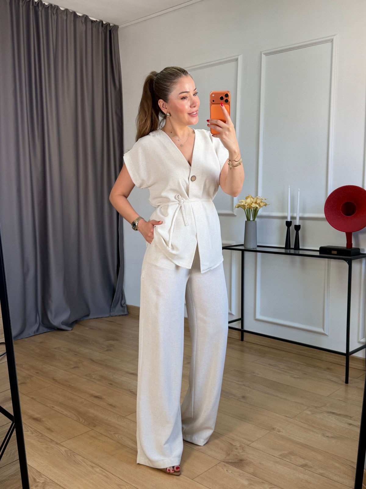 Taş Keten Kimono Takım