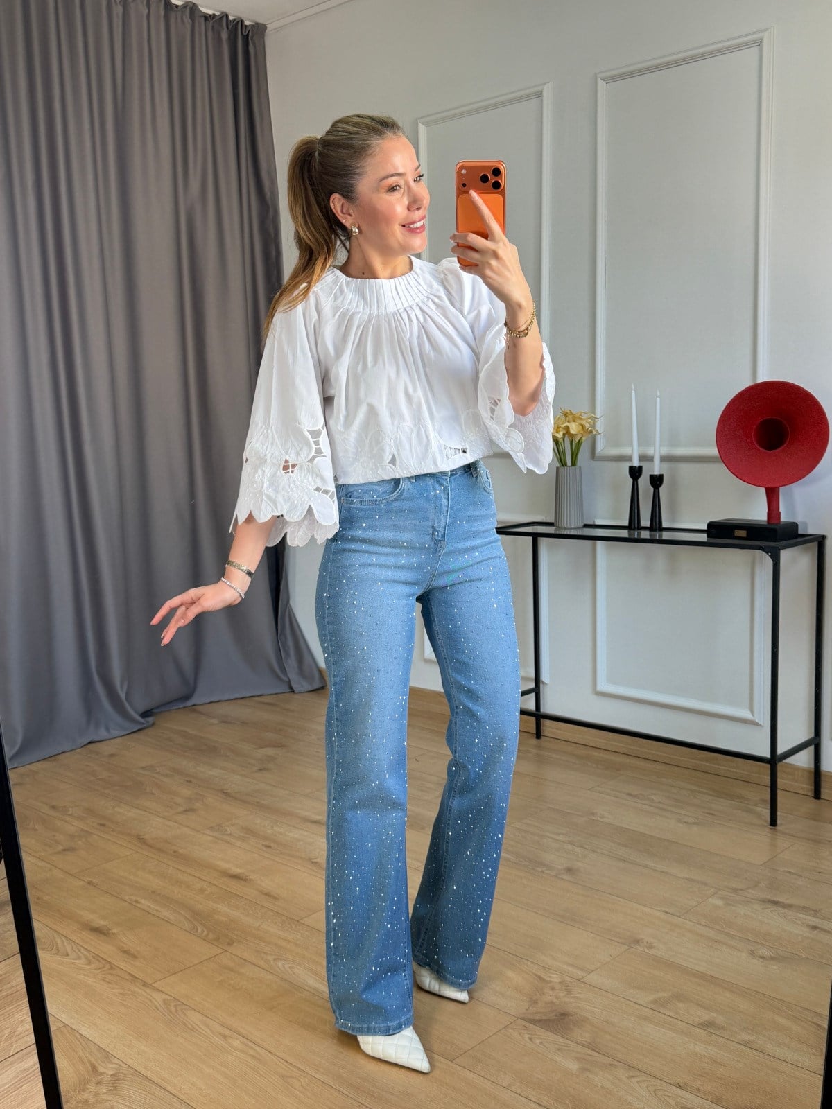 Taşlı Mavi Straight Jean