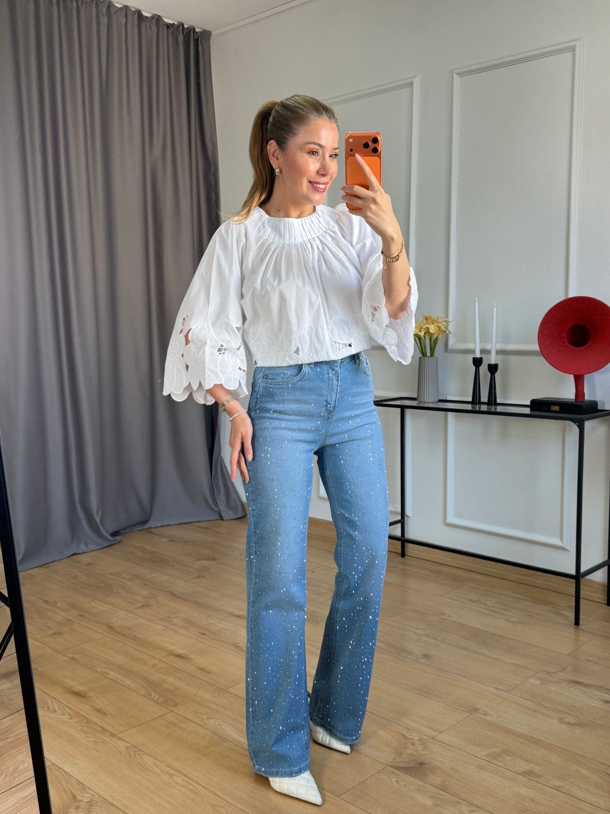 Taşlı Mavi Straight Jean