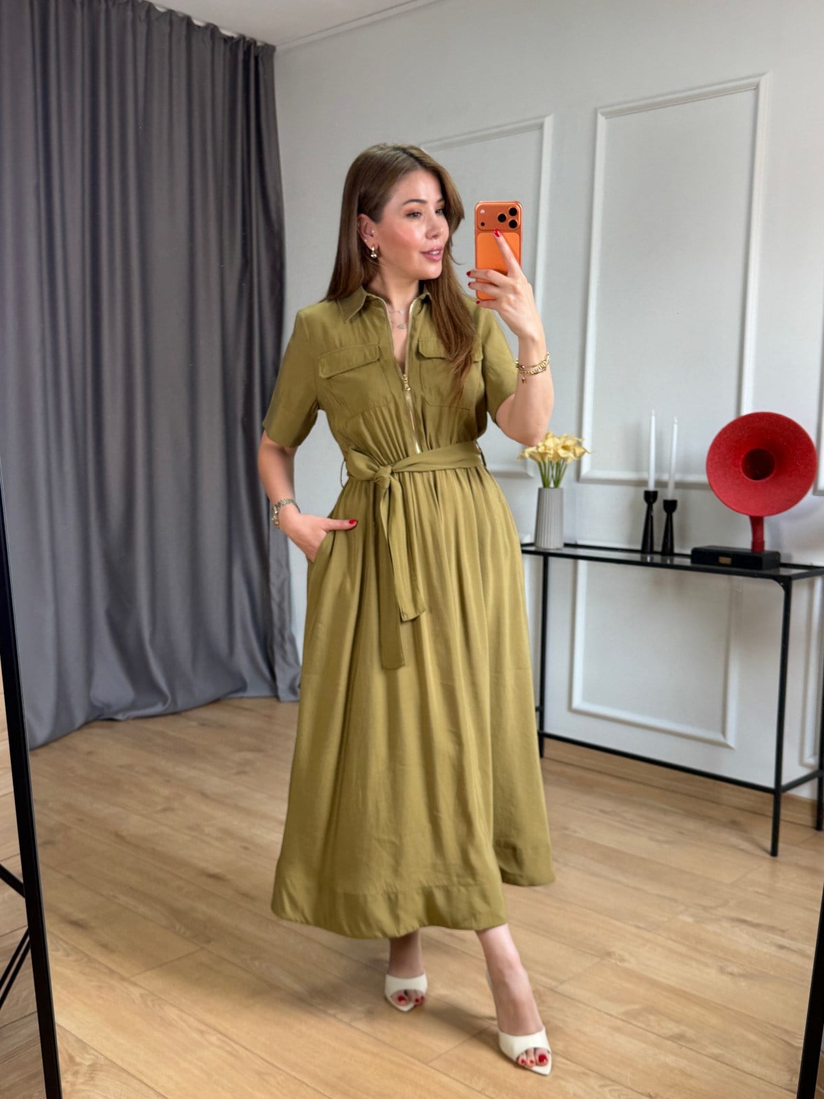 Yeşil Gold Fermuarlı Midi Elbise