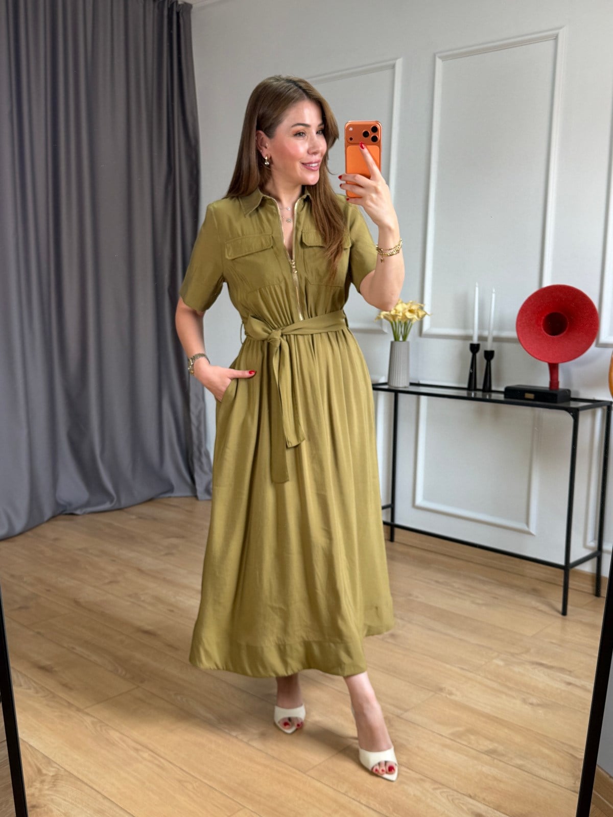 Yeşil Gold Fermuarlı Midi Elbise