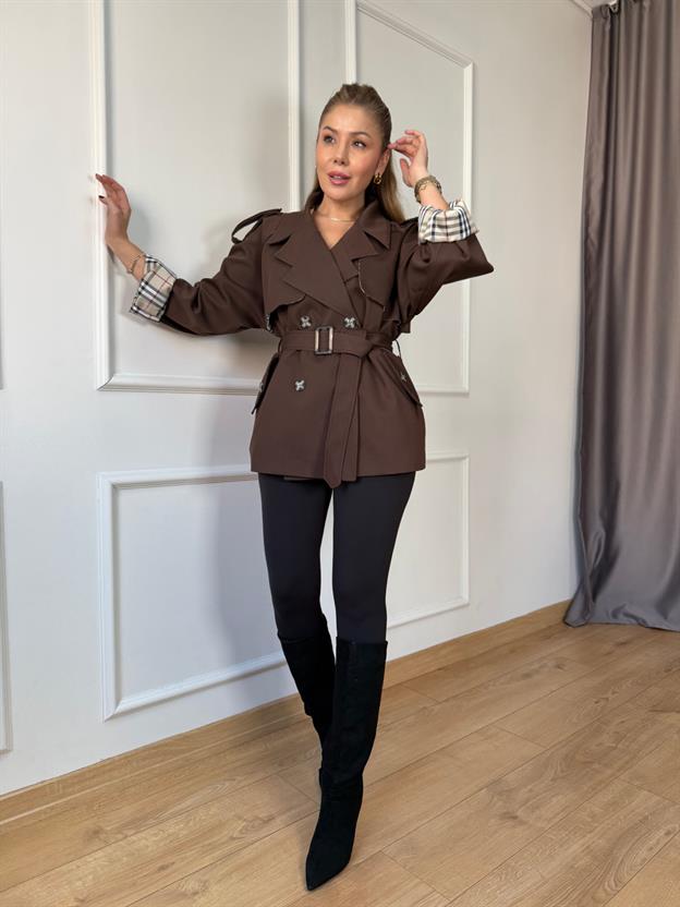 Acı Kahve Ekose Detaylı Kemerli Trençkot