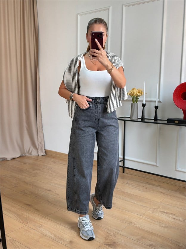Antrasit Dikiş Detaylı Mom Jean