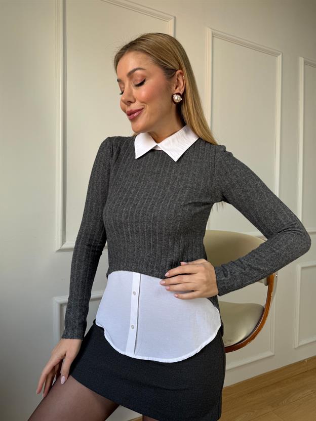 Antrasit Gömlek Yakalı Fitilli Bluz