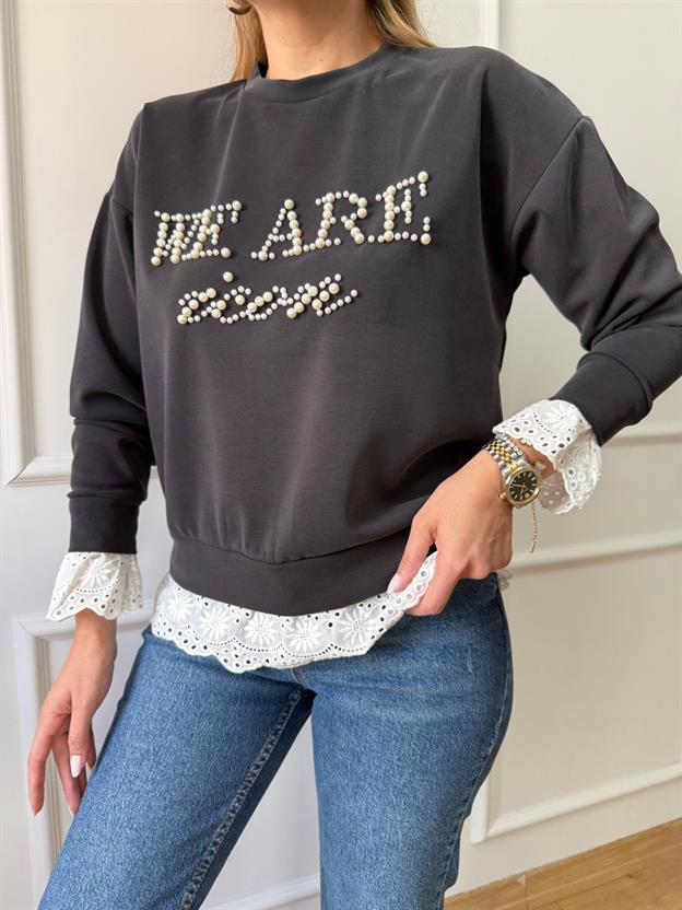Antrasit İncili Fisto Detaylı Sweatshirt