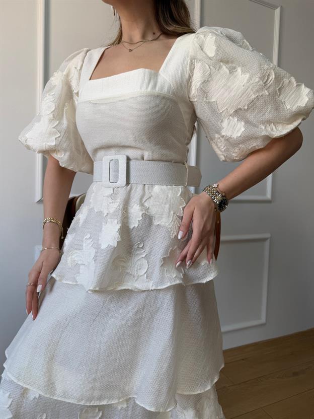 Bej Balon Kol Kat Kat Elbise