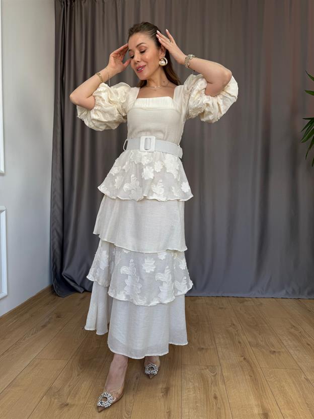 Bej Balon Kol Kat Kat Elbise