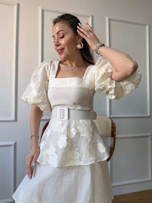 Bej Balon Kol Kat Kat Elbise