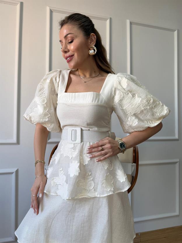 Bej Balon Kol Kat Kat Elbise