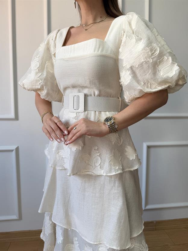 Bej Balon Kol Kat Kat Elbise