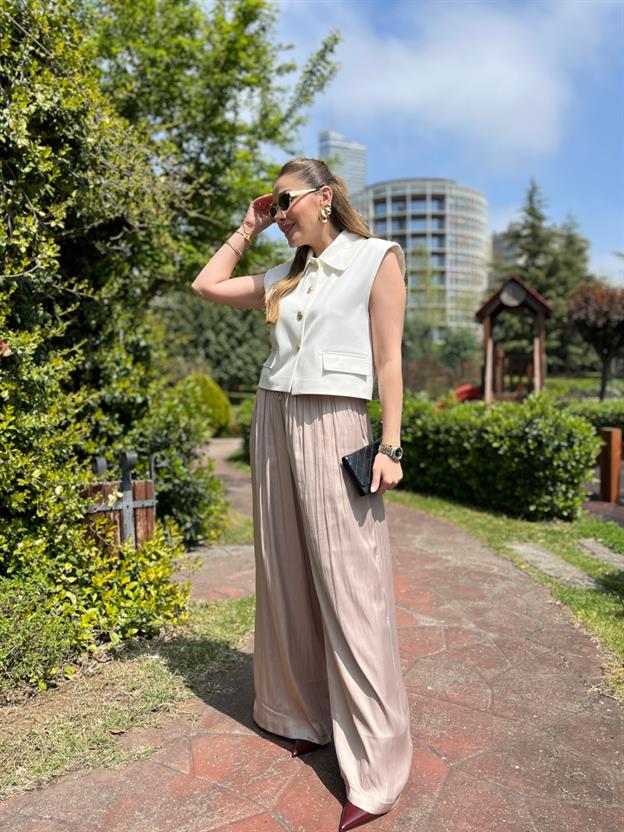 Bej Bel İp Bağlamalı Pantolon