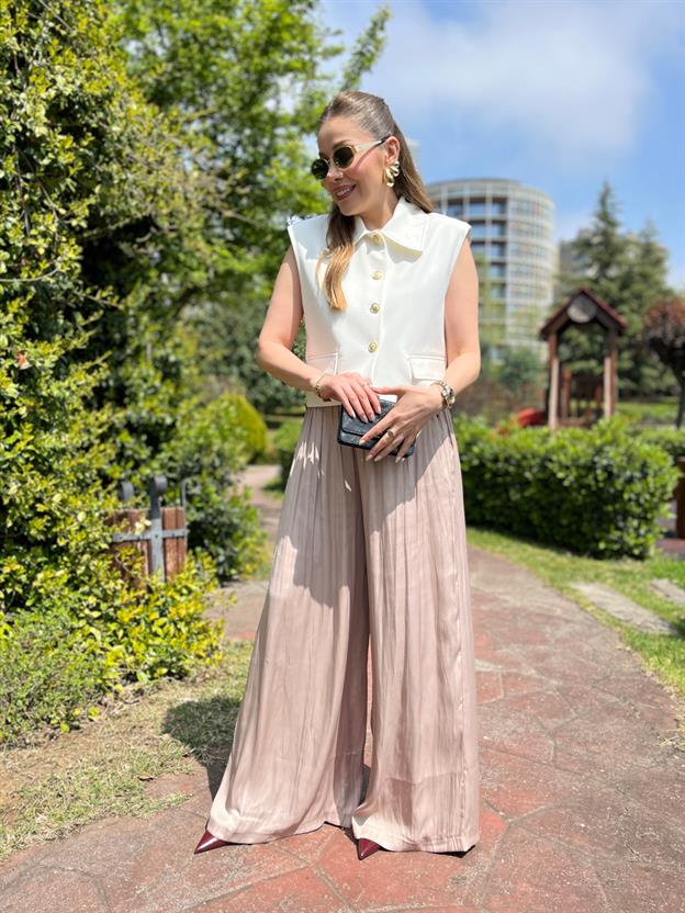 Bej Bel İp Bağlamalı Pantolon