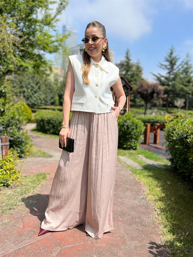 Bej Bel İp Bağlamalı Pantolon