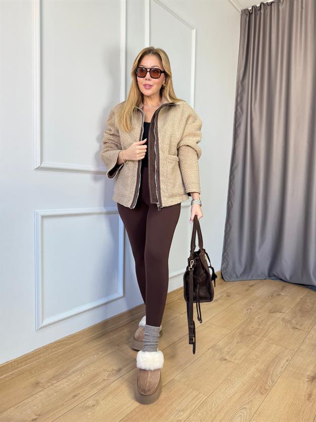 Bej Biyeli Peluş Mont