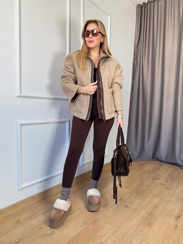 Bej Biyeli Peluş Mont