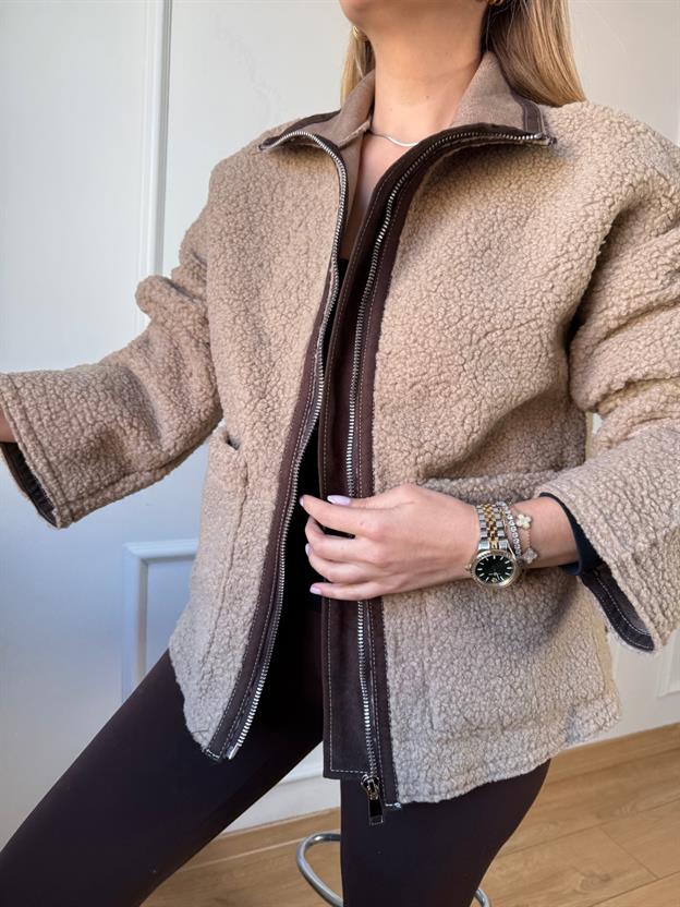 Bej Biyeli Peluş Mont