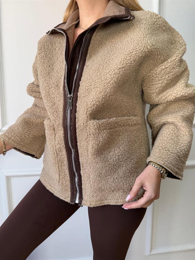 Bej Biyeli Peluş Mont