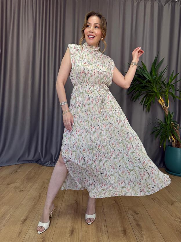 Bej Çiçek Desenli Akordiyon Elbise