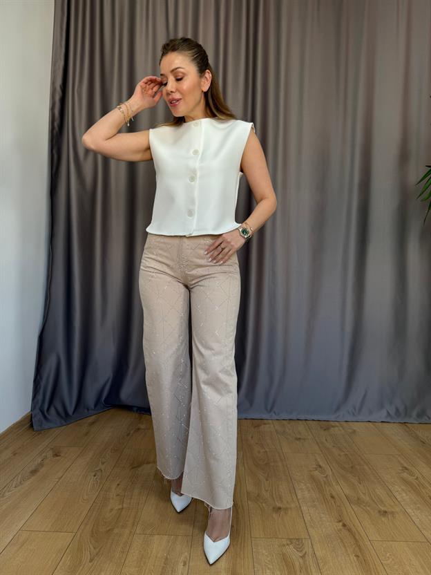 Bej Geometrik Taşlı Jean