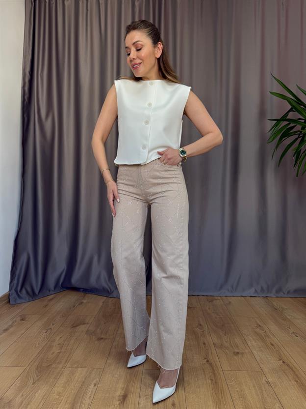 Bej Geometrik Taşlı Jean