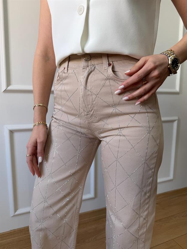 Bej Geometrik Taşlı Jean