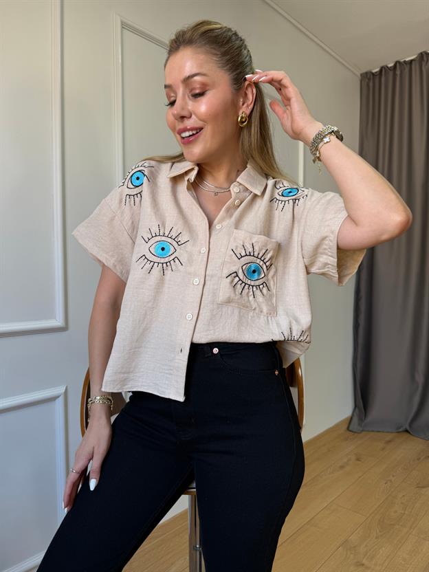 Bej Göz Nakışlı Gömlek