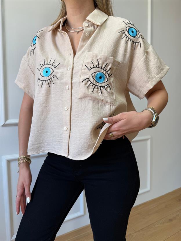 Bej Göz Nakışlı Gömlek