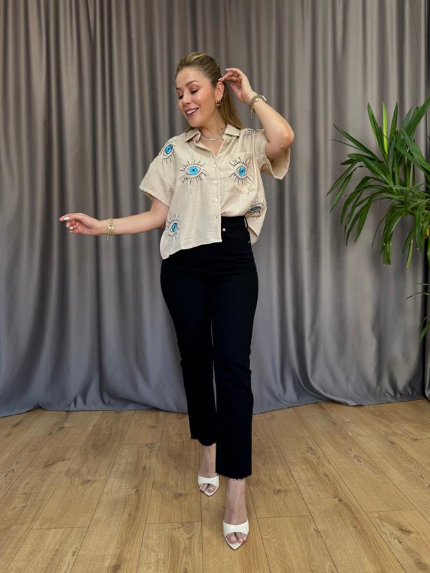 Bej Göz Nakışlı Gömlek