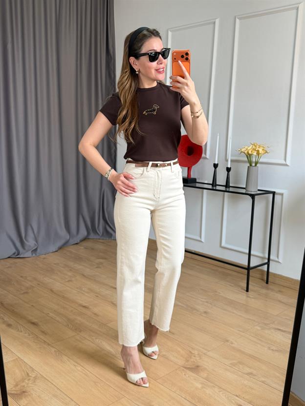 Bej Kemerli Kesik Paça Jean