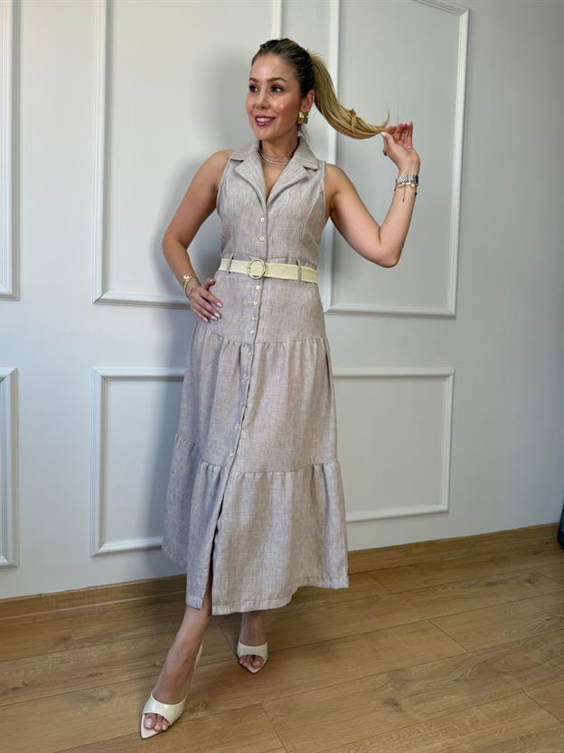 Bej Kemerli Midi Elbise