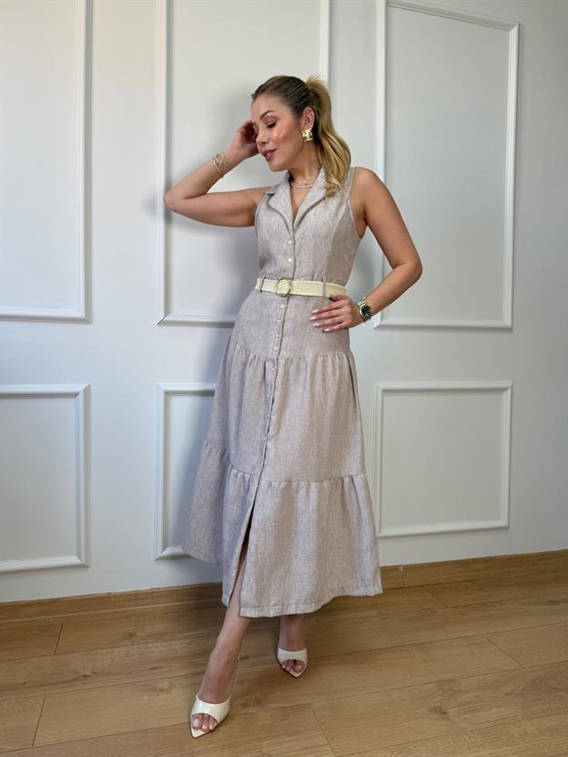 Bej Kemerli Midi Elbise