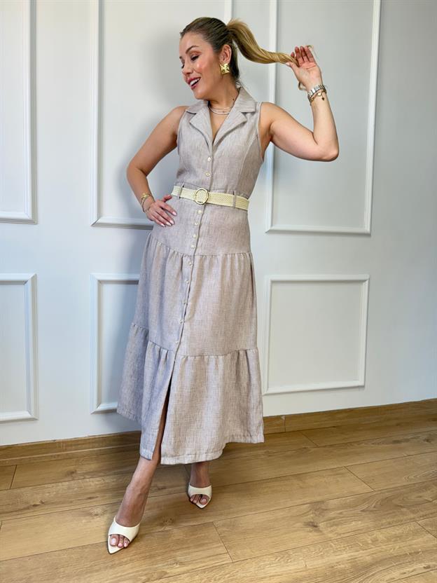 Bej Kemerli Midi Elbise