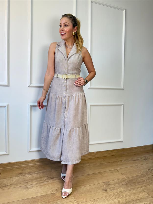 Bej Kemerli Midi Elbise