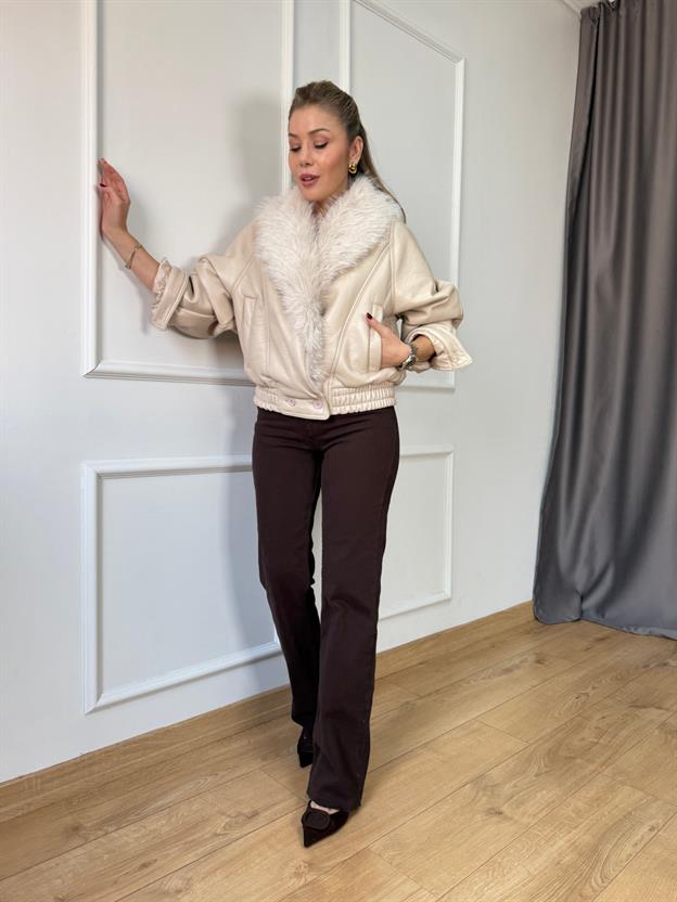 Bej Kürk Detaylı Deri Mont