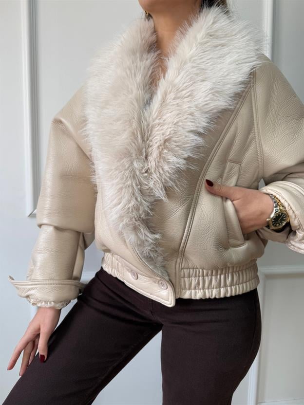 Bej Kürk Detaylı Deri Mont