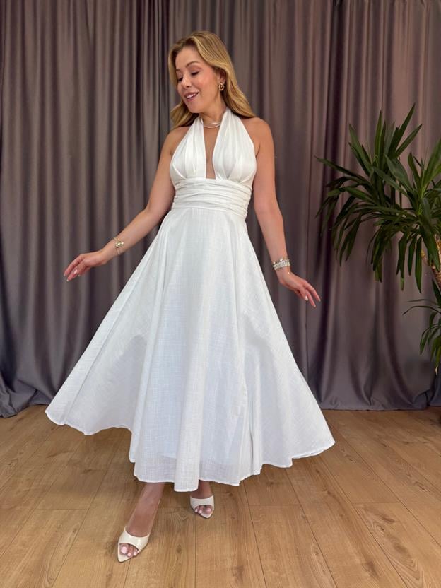 Ekru Boyun Bağlamalı Keten Elbise