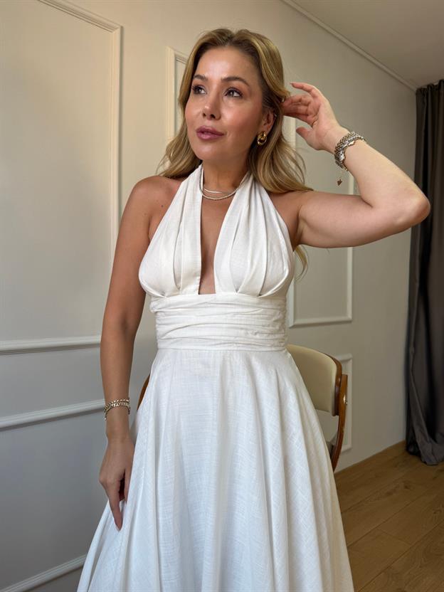 Ekru Boyun Bağlamalı Keten Elbise