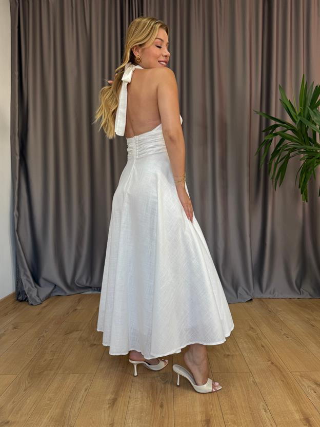 Ekru Boyun Bağlamalı Keten Elbise