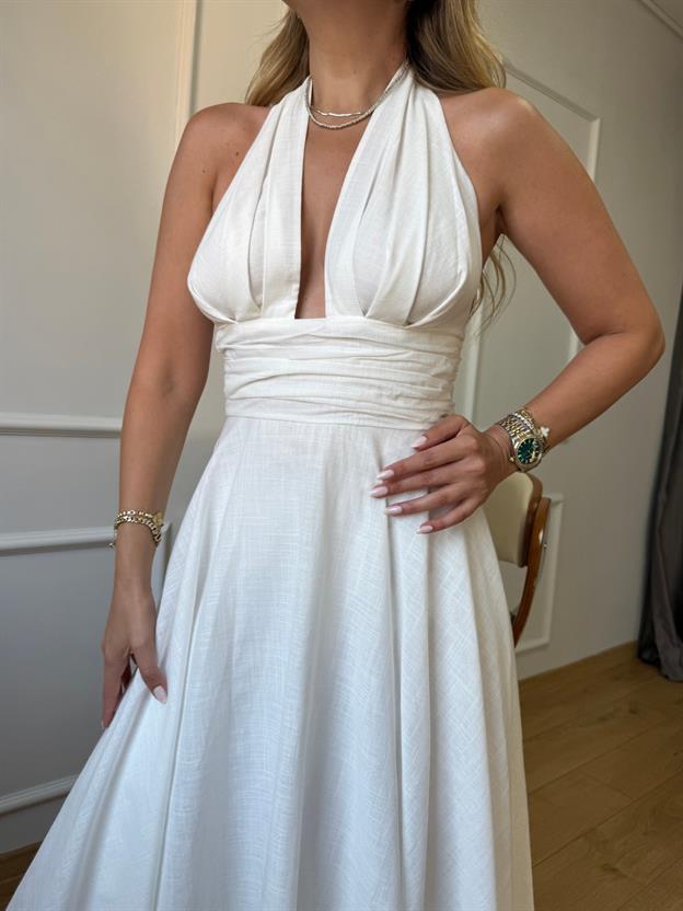 Ekru Boyun Bağlamalı Keten Elbise