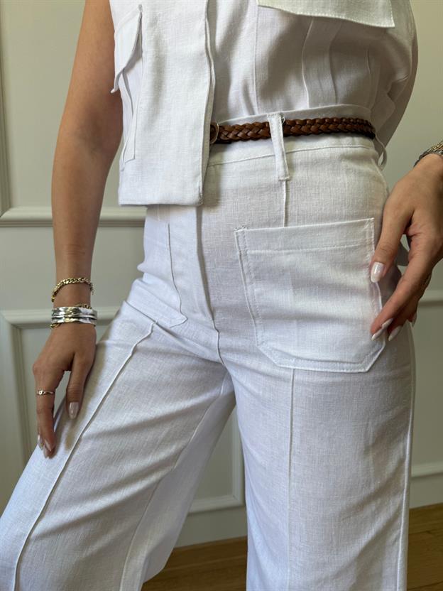 Beyaz Örgü Kemerli Keten Takım