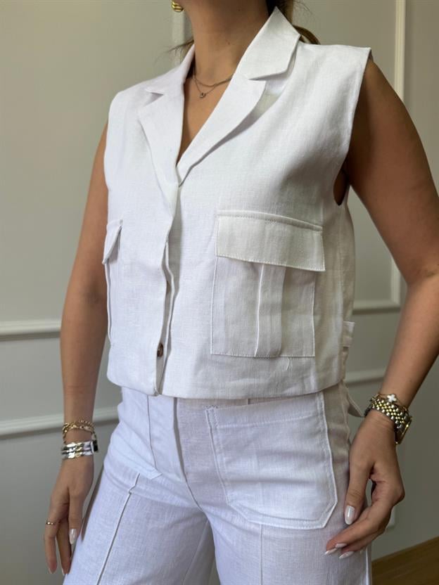 Beyaz Örgü Kemerli Keten Takım