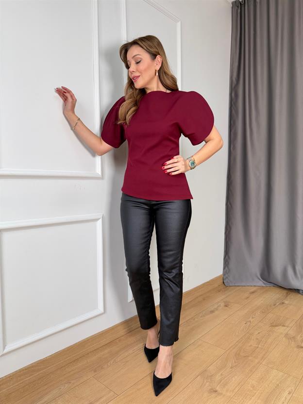 Bordo Balon Kol Asimetrik Bluz