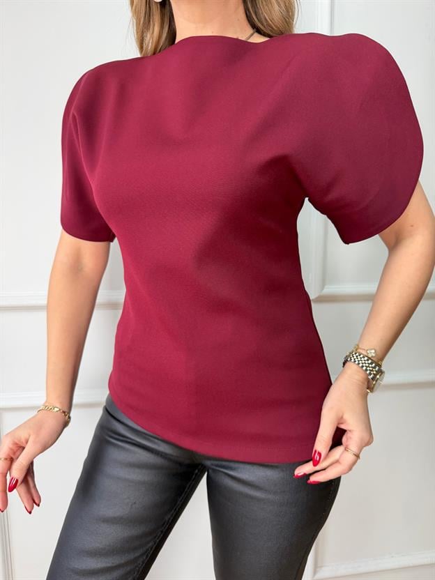 Bordo Balon Kol Asimetrik Bluz