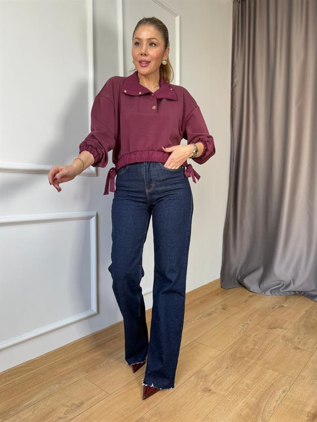 Bordo Bel Bağlama Detaylı Sweatshirt