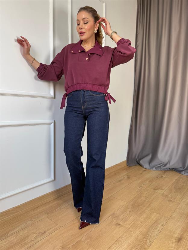 Bordo Bel Bağlama Detaylı Sweatshirt