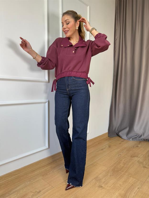 Bordo Bel Bağlama Detaylı Sweatshirt