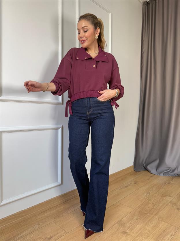 Bordo Bel Bağlama Detaylı Sweatshirt